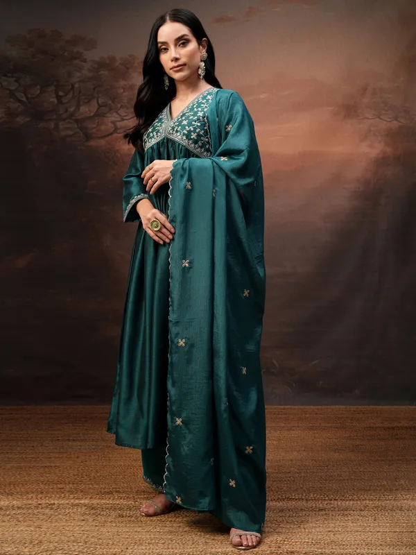 Vishudh Women Teal Embroidered Kurta With Palazzo And Dupatta