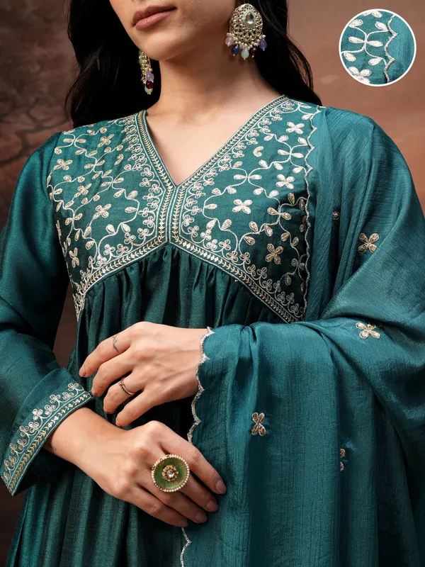 Vishudh Women Teal Embroidered Kurta With Palazzo And Dupatta