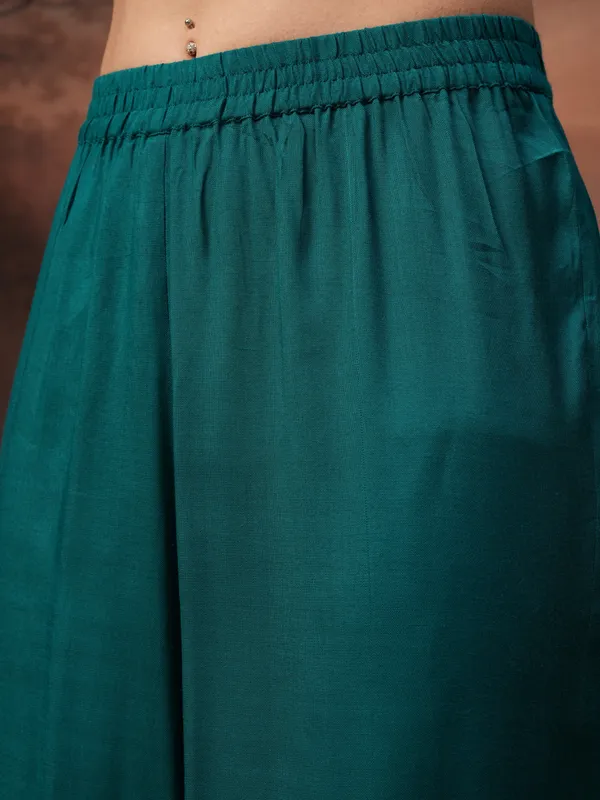 Vishudh Women Teal Embroidered Kurta With Palazzo And Dupatta