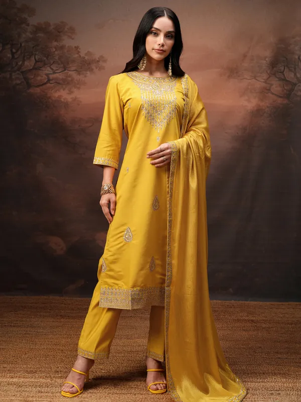 Vishudh Women Yellow Embroidered Kurta With Trouser And Dupatta