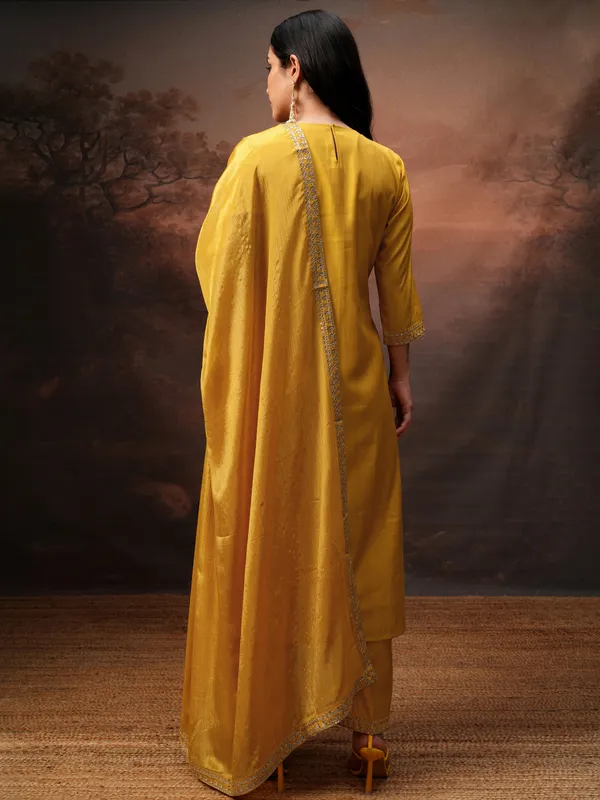Vishudh Women Yellow Embroidered Kurta With Trouser And Dupatta