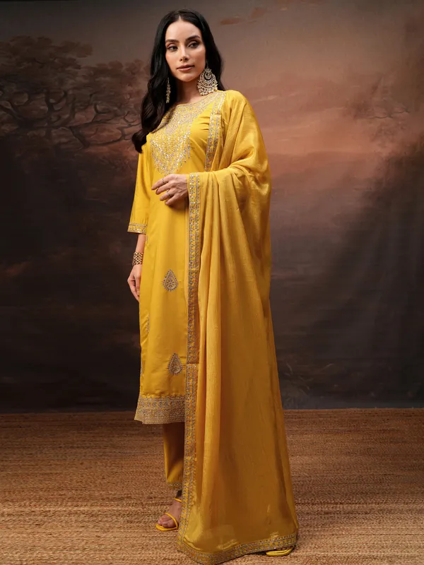 Vishudh Women Yellow Embroidered Kurta With Trouser And Dupatta