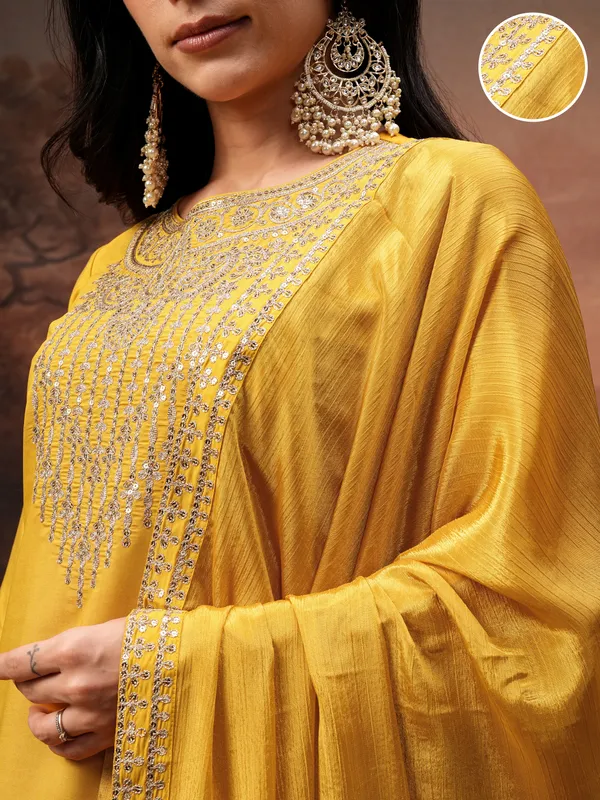Vishudh Women Yellow Embroidered Kurta With Trouser And Dupatta