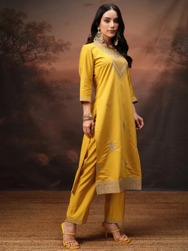 Vishudh Women Yellow Embroidered Kurta With Trouser And Dupatta