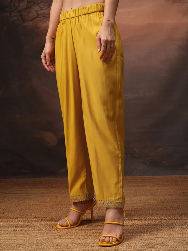 Vishudh Women Yellow Embroidered Kurta With Trouser And Dupatta
