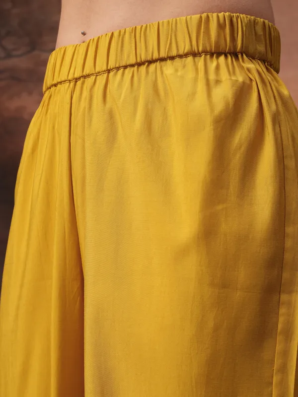 Vishudh Women Yellow Embroidered Kurta With Trouser And Dupatta