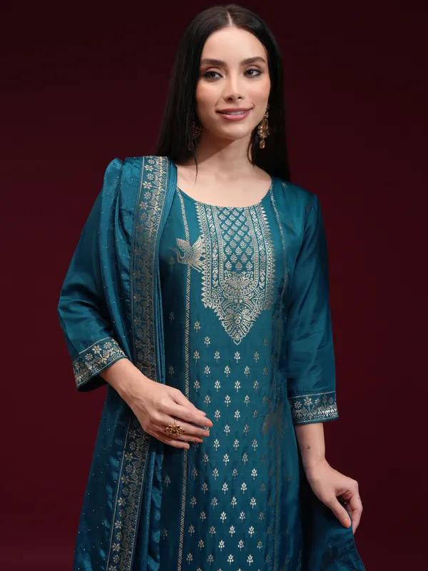 Vishudh Women Teal Printed Kurta With Palazzo And Dupatta