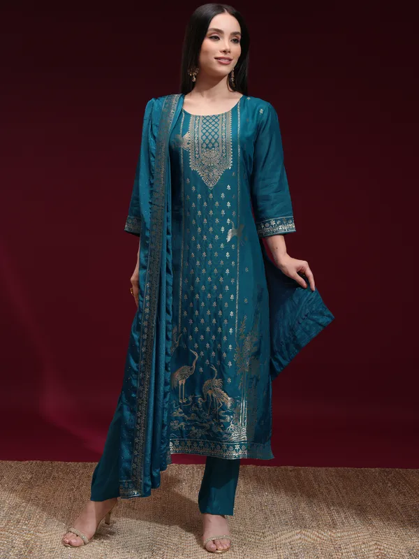 Vishudh Women Teal Printed Kurta With Palazzo And Dupatta