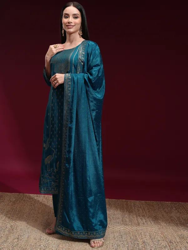 Vishudh Women Teal Printed Kurta With Palazzo And Dupatta
