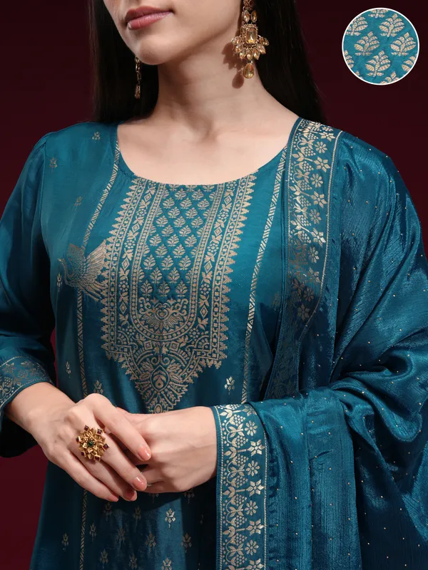 Vishudh Women Teal Printed Kurta With Palazzo And Dupatta