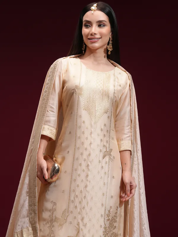 Vishudh Women Beige Printed Kurta With Palazzo And Dupatta