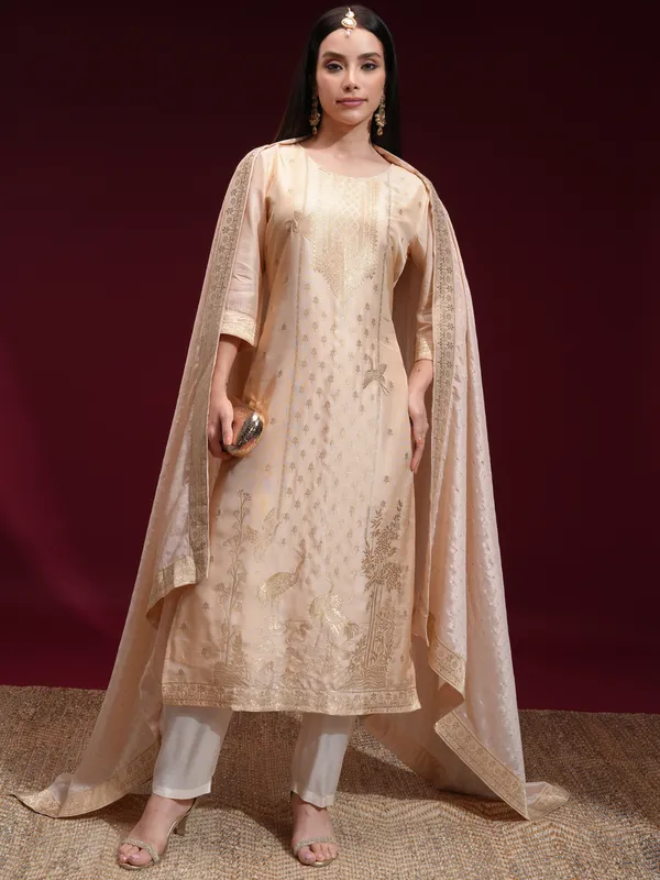 Vishudh Women Beige Printed Kurta With Palazzo And Dupatta