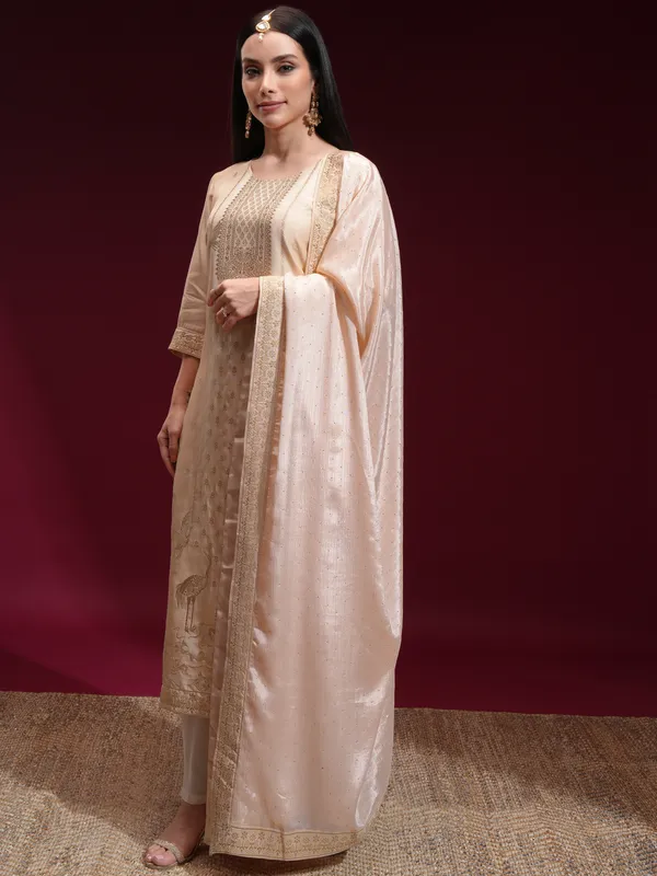 Vishudh Women Beige Printed Kurta With Palazzo And Dupatta