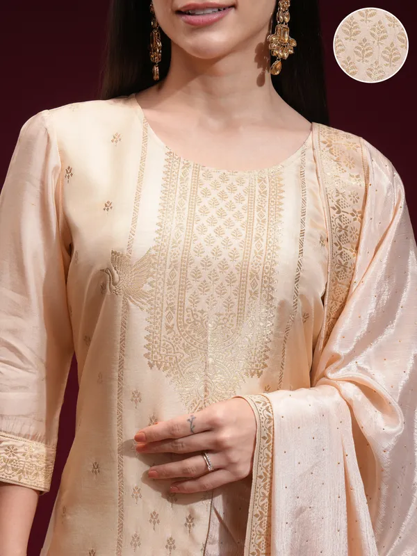 Vishudh Women Beige Printed Kurta With Palazzo And Dupatta