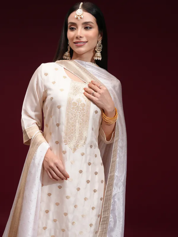 Vishudh Women Off White Printed Kurta With Palazzo And Dupatta