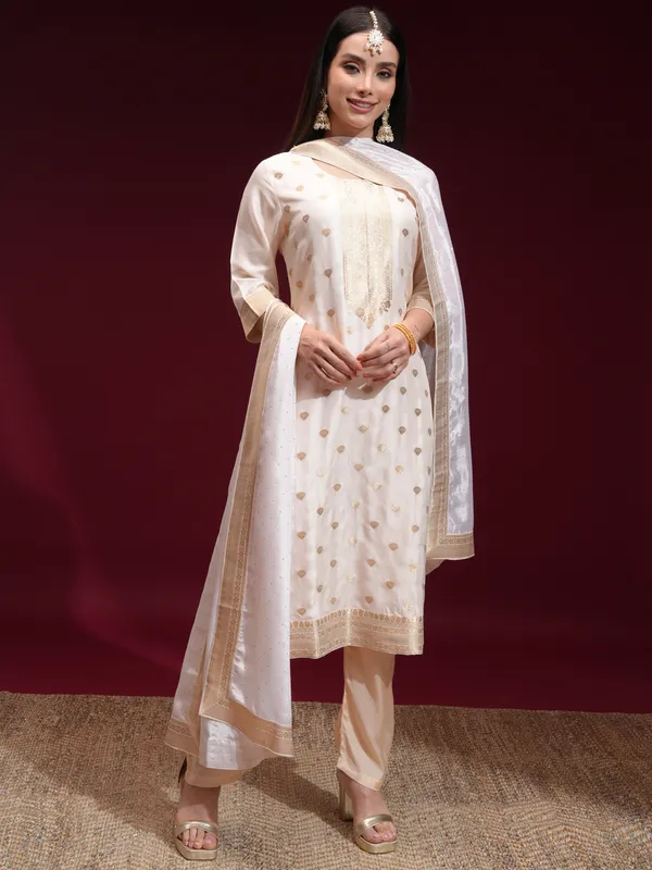 Vishudh Women Off White Printed Kurta With Palazzo And Dupatta