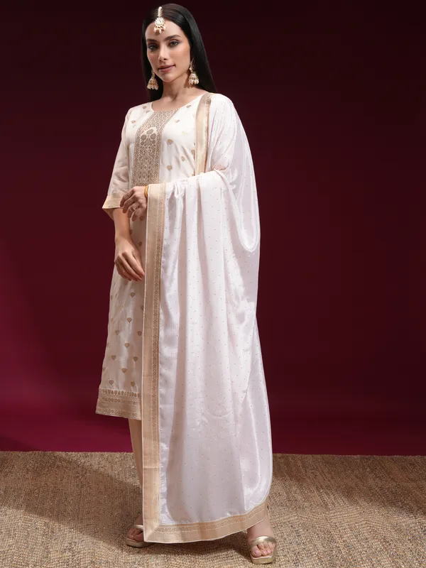 Vishudh Women Off White Printed Kurta With Palazzo And Dupatta