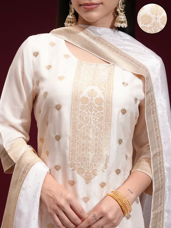 Vishudh Women Off White Printed Kurta With Palazzo And Dupatta