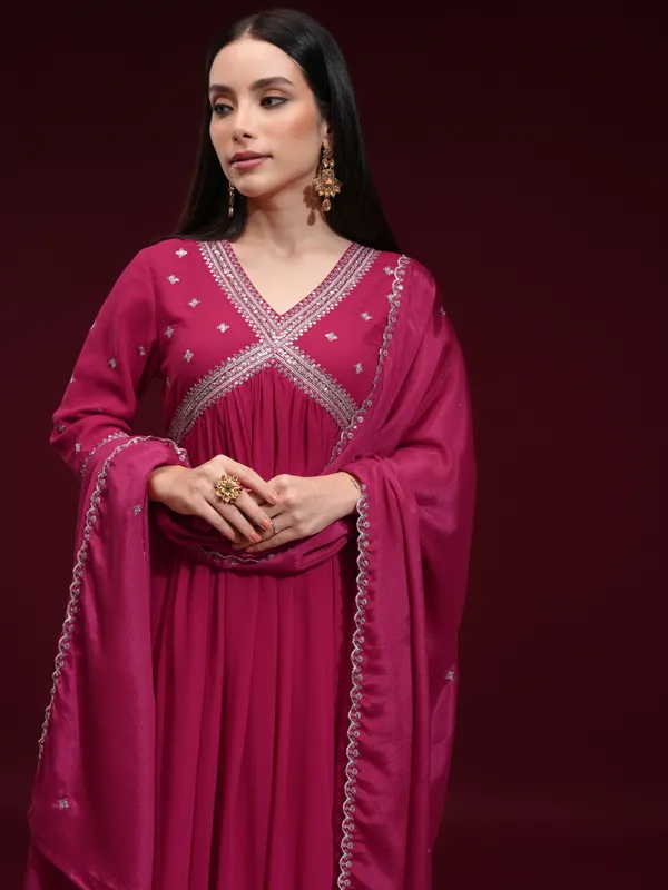 Vishudh Women Fuchsia Embroidered Kurta With Trouser And Dupatta