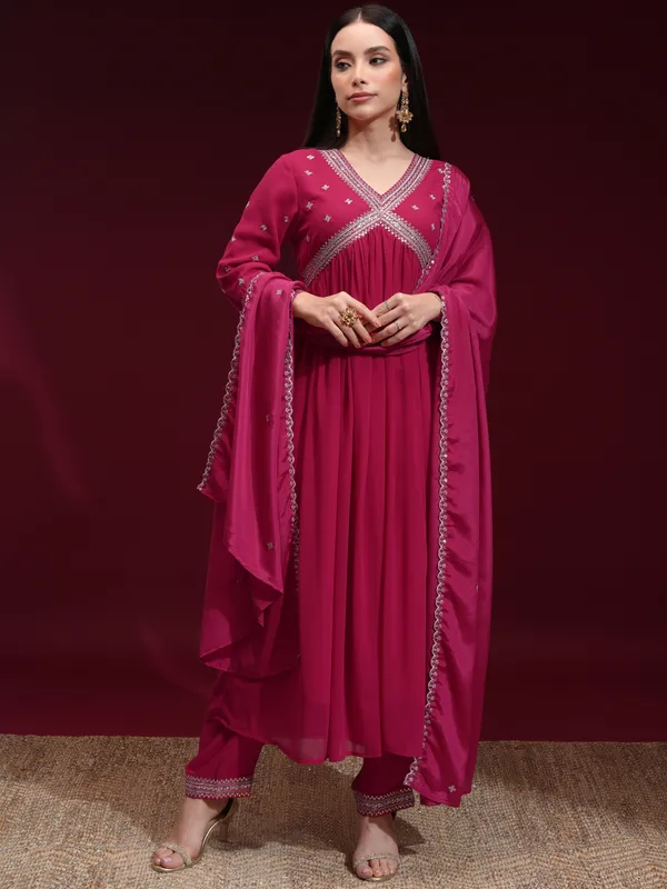 Vishudh Women Fuchsia Embroidered Kurta With Trouser And Dupatta