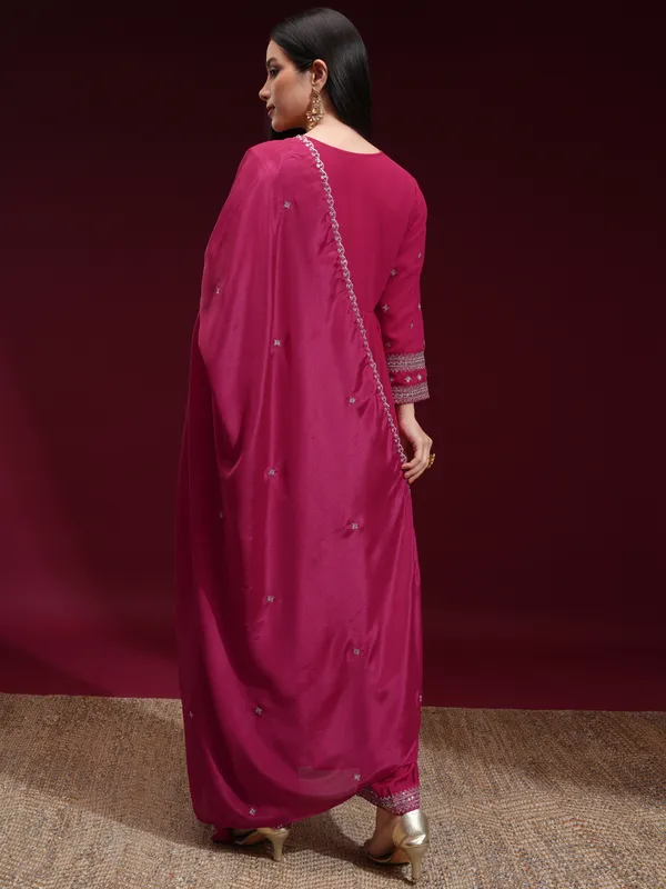 Vishudh Women Fuchsia Embroidered Kurta With Trouser And Dupatta
