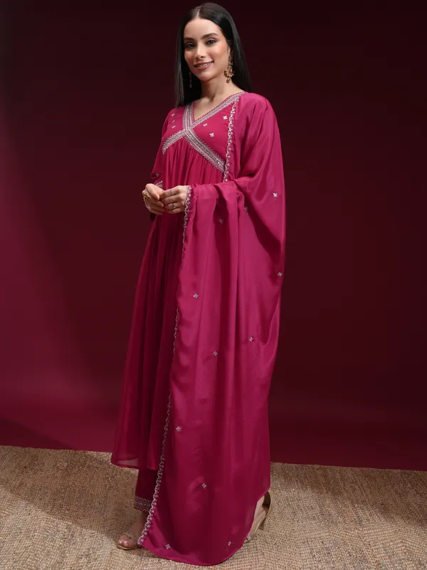 Vishudh Women Fuchsia Embroidered Kurta With Trouser And Dupatta