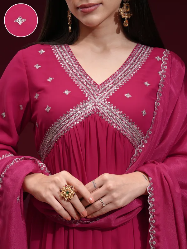 Vishudh Women Fuchsia Embroidered Kurta With Trouser And Dupatta