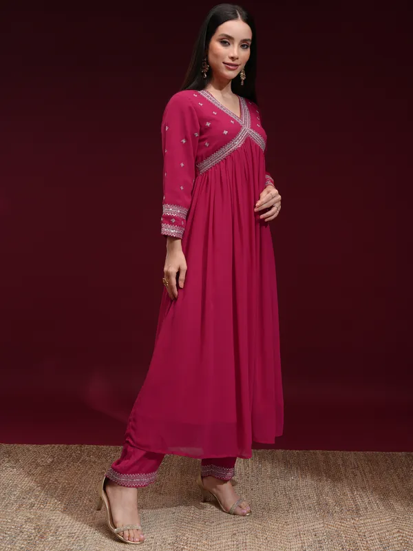Vishudh Women Fuchsia Embroidered Kurta With Trouser And Dupatta