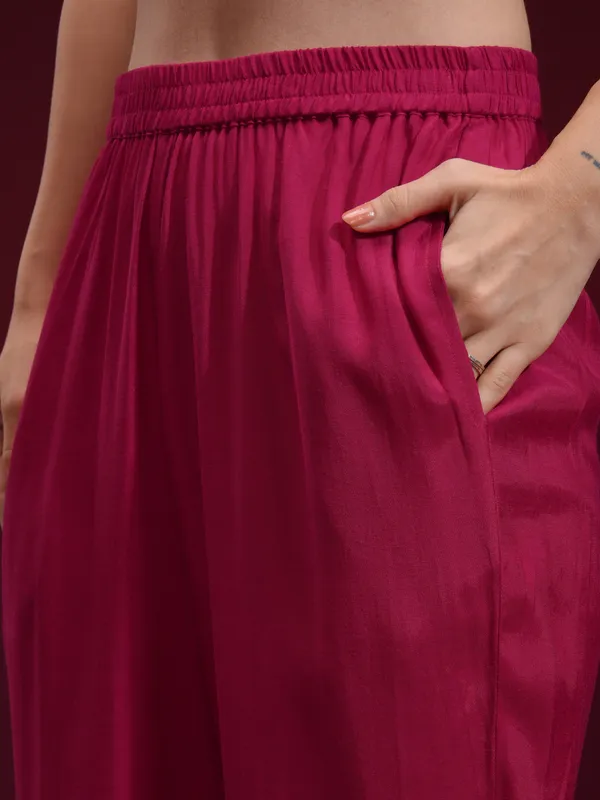 Vishudh Women Fuchsia Embroidered Kurta With Trouser And Dupatta