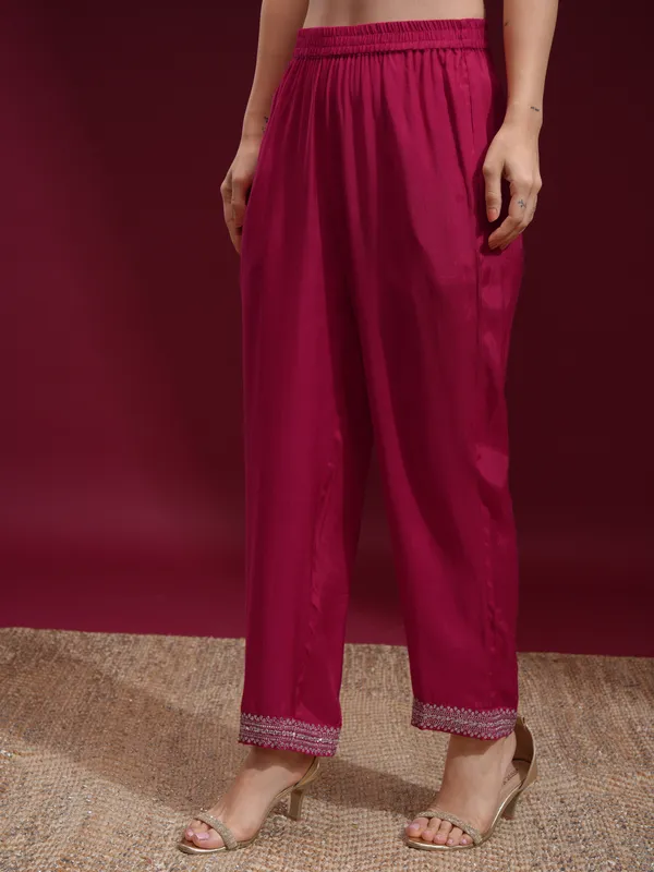 Vishudh Women Fuchsia Embroidered Kurta With Trouser And Dupatta