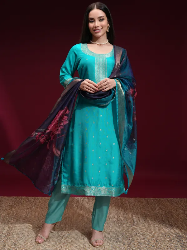 Vishudh Women Turquoise Printed Kurta With Palazzo And Dupatta