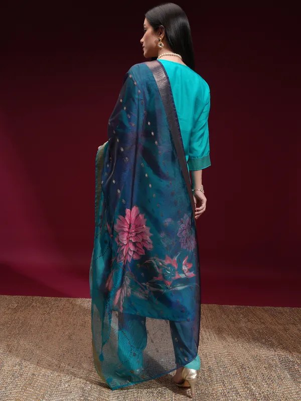Vishudh Women Turquoise Printed Kurta With Palazzo And Dupatta