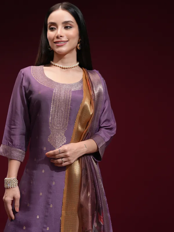 Vishudh Women Purple Printed Kurta With Palazzo And Dupatta
