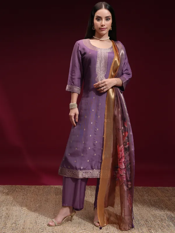 Vishudh Women Purple Printed Kurta With Palazzo And Dupatta