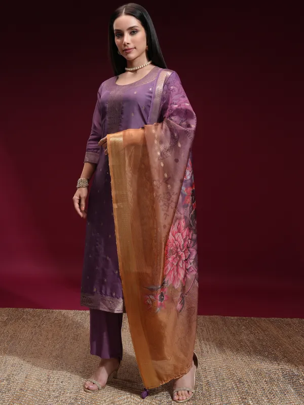 Vishudh Women Purple Printed Kurta With Palazzo And Dupatta