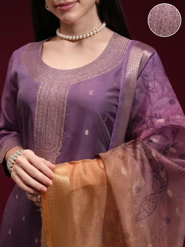 Vishudh Women Purple Printed Kurta With Palazzo And Dupatta