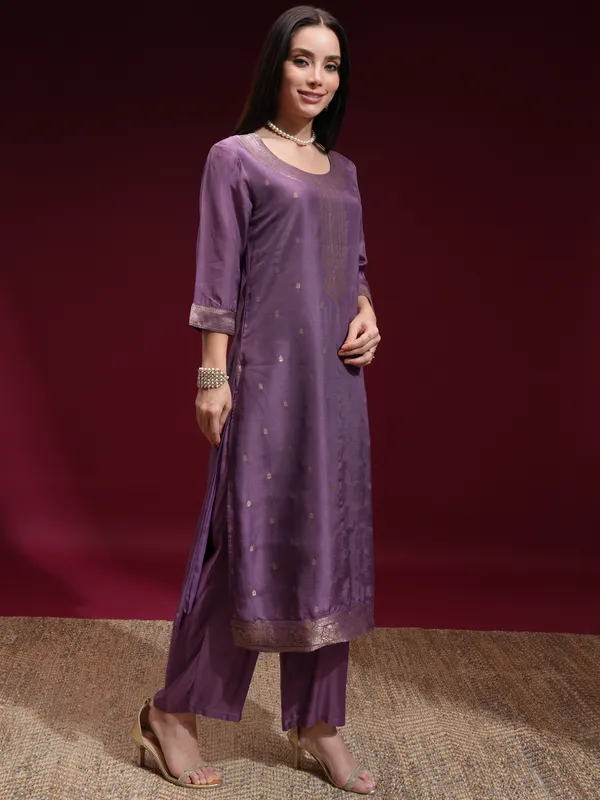 Vishudh Women Purple Printed Kurta With Palazzo And Dupatta