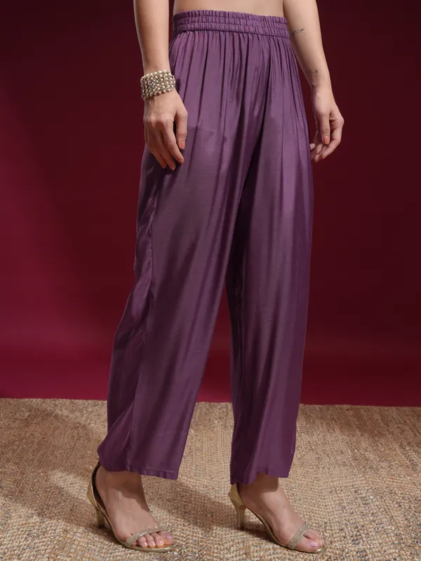 Vishudh Women Purple Printed Kurta With Palazzo And Dupatta