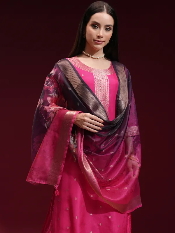 Vishudh Women Pink Printed Kurta With Palazzo And Dupatta