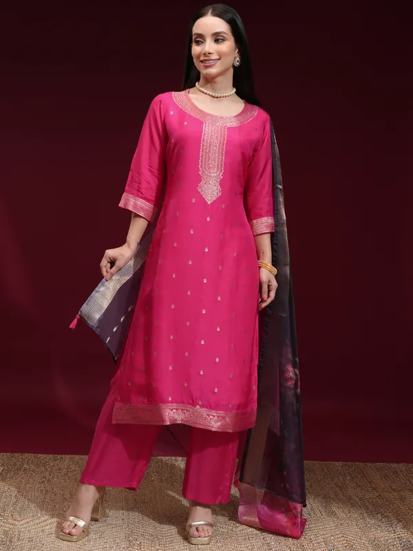 Vishudh Women Pink Printed Kurta With Palazzo And Dupatta