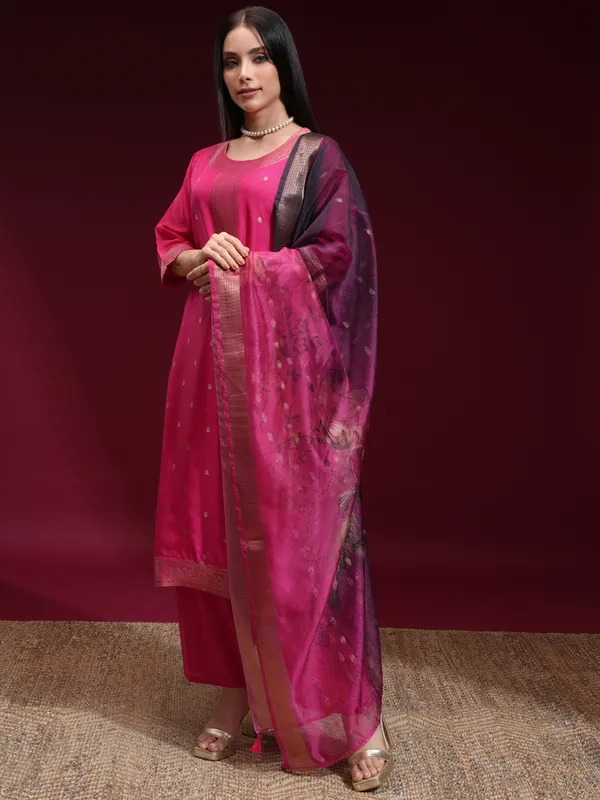 Vishudh Women Pink Printed Kurta With Palazzo And Dupatta