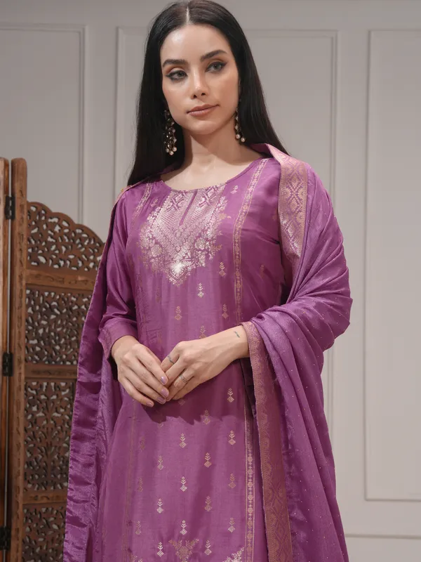 Vishudh Women Mauve Printed Kurta With Palazzo And Dupatta