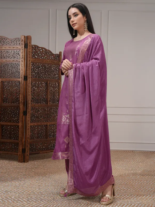 Vishudh Women Mauve Printed Kurta With Palazzo And Dupatta