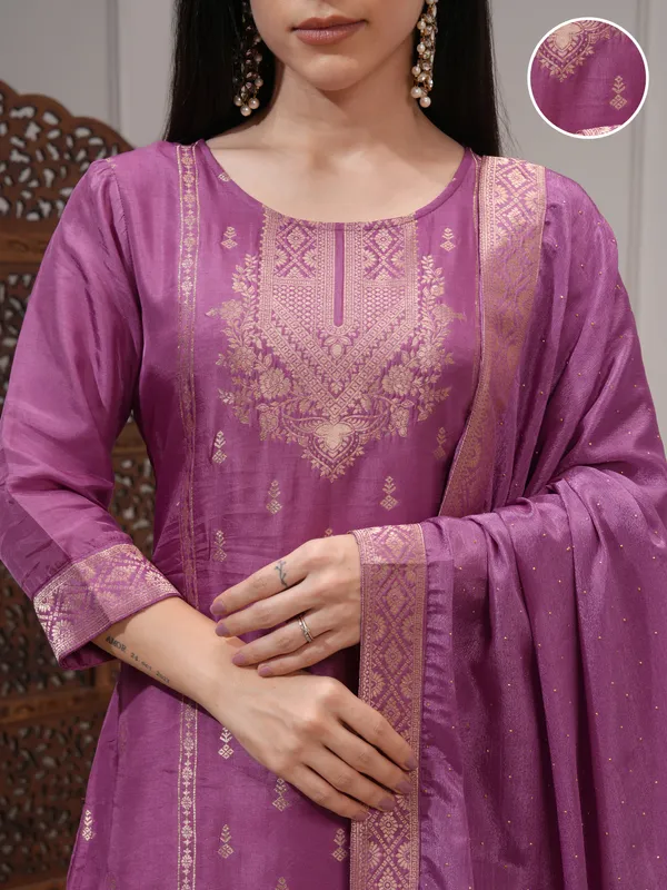 Vishudh Women Mauve Printed Kurta With Palazzo And Dupatta