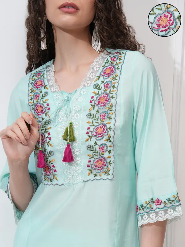 Vishudh Women Blue Embroidered Kurta With Trouser