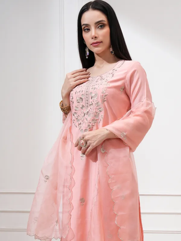 Vishudh Women Peach Embroidered Kurta With Trousers And Dupatta