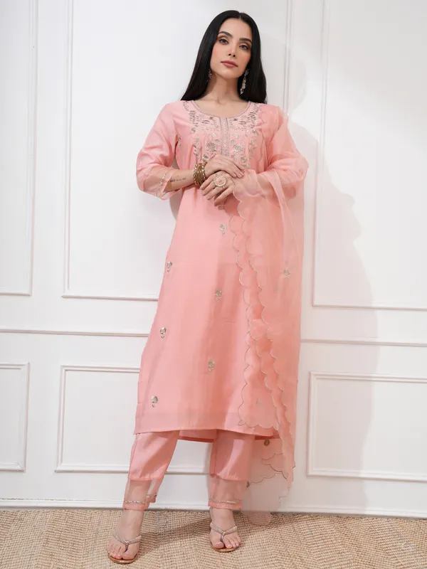 Vishudh Women Peach Embroidered Kurta With Trousers And Dupatta
