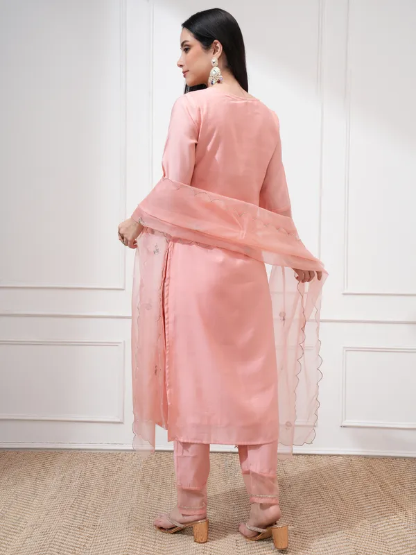 Vishudh Women Peach Embroidered Kurta With Trousers And Dupatta
