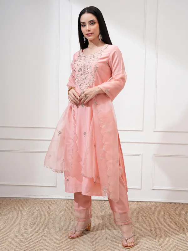 Vishudh Women Peach Embroidered Kurta With Trousers And Dupatta
