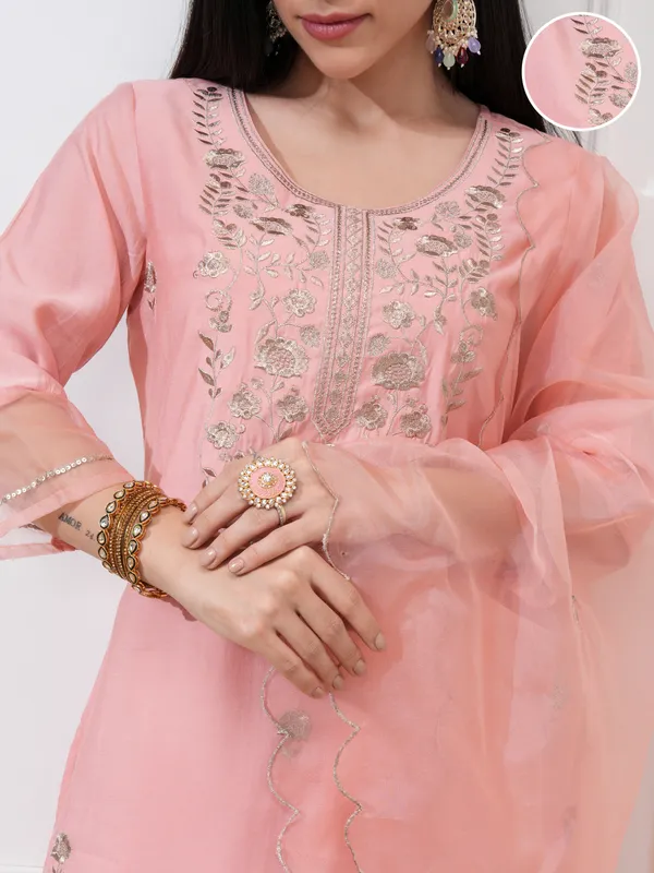Vishudh Women Peach Embroidered Kurta With Trousers And Dupatta